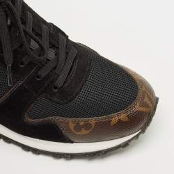 Pre Owned Louis Vuitton Brown/Black Monogram Canvas and Suede Run Away Sneakers Size 38