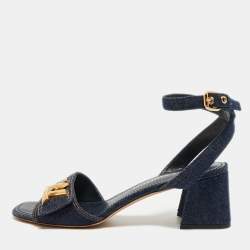 Pre Owned صندل لوي فيتون شاكي دينيم أزرق كحلي بحزام للكاحل مقاس 39