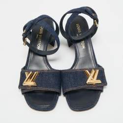 Pre Owned صندل لوي فيتون شاكي دينيم أزرق كحلي بحزام للكاحل مقاس 39