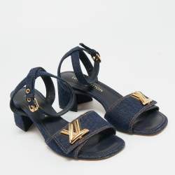 Pre Owned صندل لوي فيتون شاكي دينيم أزرق كحلي بحزام للكاحل مقاس 39