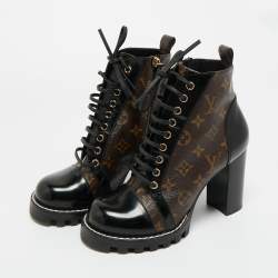 Pre Owned Louis Vuitton Brown/Black Monogram Canvas and Leather Star Trail Ankle Length Boots Size 39