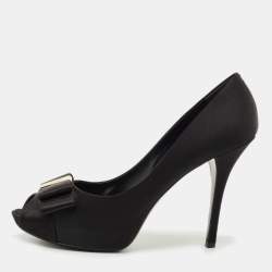 Pre Owned Louis Vuitton Black Satin Bow Peep Toe Pumps Size 40.5