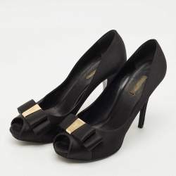 Pre Owned Louis Vuitton Black Satin Bow Peep Toe Pumps Size 40.5