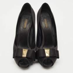 Pre Owned Louis Vuitton Black Satin Bow Peep Toe Pumps Size 40.5