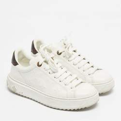 Pre Owned Louis Vuitton White/Brown Monogram Canvas and Leather Time Out Low Top Sneakers Size 37
