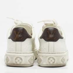 Pre Owned Louis Vuitton White/Brown Monogram Canvas and Leather Time Out Low Top Sneakers Size 37