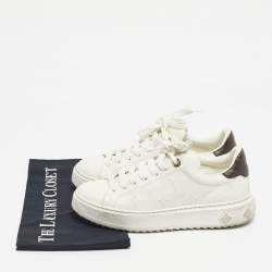 Pre Owned Louis Vuitton White/Brown Monogram Canvas and Leather Time Out Low Top Sneakers Size 37