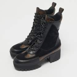 Pre Owned Louis Vuitton Black/Brown Monogram Canvas And Suede Laureate Platform Desert Ankle Boots Size 36