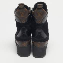 Pre Owned Louis Vuitton Black/Brown Monogram Canvas And Suede Laureate Platform Desert Ankle Boots Size 36