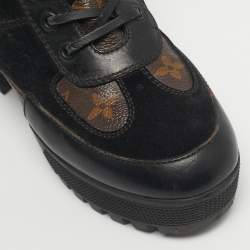 Pre Owned Louis Vuitton Black/Brown Monogram Canvas And Suede Laureate Platform Desert Ankle Boots Size 36