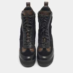 Pre Owned Louis Vuitton Black/Brown Monogram Canvas And Suede Laureate Platform Desert Ankle Boots Size 36