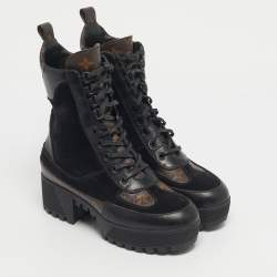 Pre Owned Louis Vuitton Black/Brown Monogram Canvas And Suede Laureate Platform Desert Ankle Boots Size 36