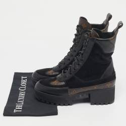 Pre Owned Louis Vuitton Black/Brown Monogram Canvas And Suede Laureate Platform Desert Ankle Boots Size 36