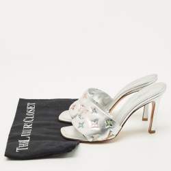 Pre Owned Louis Vuitton Silver Monogram Embossed Leather Revival Slide Sandals Size 37
