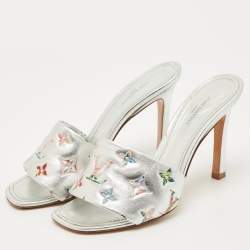 Pre Owned Louis Vuitton Silver Monogram Embossed Leather Revival Slide Sandals Size 37