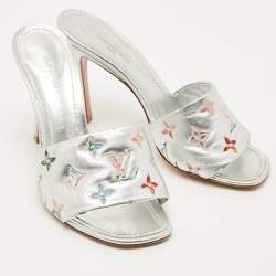 Pre Owned Louis Vuitton Silver Monogram Embossed Leather Revival Slide Sandals Size 37