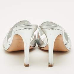 Pre Owned Louis Vuitton Silver Monogram Embossed Leather Revival Slide Sandals Size 37