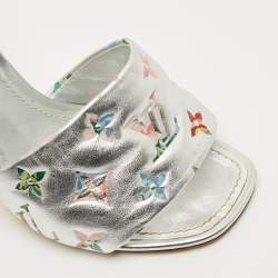 Pre Owned Louis Vuitton Silver Monogram Embossed Leather Revival Slide Sandals Size 37