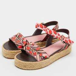 Pre Owned Louis Vuitton Pink Monogram Canvas Jungle Dots Hibiscus Espadrille Ankle Strap Sandals Size 38
