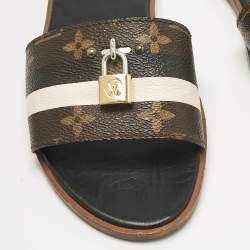 Pre Owned Louis Vuitton Brown Monogram Canvas Lock It Flat Slides Size 38.5