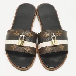 Pre Owned Louis Vuitton Brown Monogram Canvas Lock It Flat Slides Size 38.5