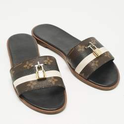 Pre Owned Louis Vuitton Brown Monogram Canvas Lock It Flat Slides Size 38.5