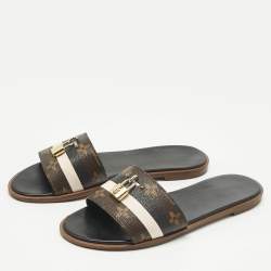 Pre Owned Louis Vuitton Brown Monogram Canvas Lock It Flat Slides Size 38.5
