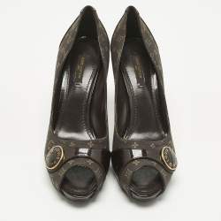 Pre Owned Louis Vuitton Dark Brown Monogram Canvas and Patent Leather Judy Peep-Toe Pumps Size 38.5