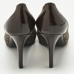 Pre Owned Louis Vuitton Dark Brown Monogram Canvas and Patent Leather Judy Peep-Toe Pumps Size 38.5