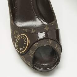 Pre Owned Louis Vuitton Dark Brown Monogram Canvas and Patent Leather Judy Peep-Toe Pumps Size 38.5