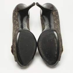 Pre Owned Louis Vuitton Dark Brown Monogram Canvas and Patent Leather Judy Peep-Toe Pumps Size 38.5