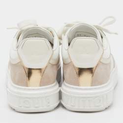 Pre Owned Louis Vuitton White/Beige Monogram Embossed Leather and Suede Time Out Sneakers Size 38