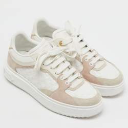 Pre Owned Louis Vuitton White/Beige Monogram Embossed Leather and Suede Time Out Sneakers Size 38
