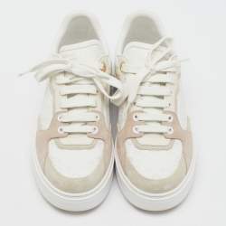 Pre Owned Louis Vuitton White/Beige Monogram Embossed Leather and Suede Time Out Sneakers Size 38