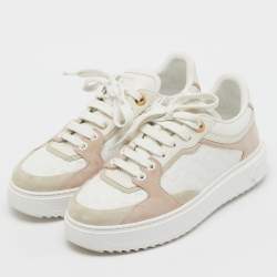 Pre Owned Louis Vuitton White/Beige Monogram Embossed Leather and Suede Time Out Sneakers Size 38