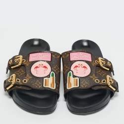 Pre Owned Louis Vuitton Brown Monogram Coated Canvas Patch Slides Size 36
