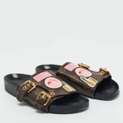Pre Owned Louis Vuitton Brown Monogram Coated Canvas Patch Slides Size 36