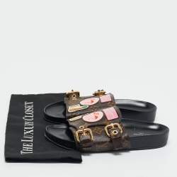 Pre Owned Louis Vuitton Brown Monogram Coated Canvas Patch Slides Size 36