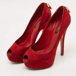 Pre Owned Louis Vuitton Red Suede Oh Really! Platform Peep Toe Pumps Size 38