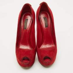 Pre Owned Louis Vuitton Red Suede Oh Really! Platform Peep Toe Pumps Size 38