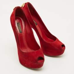 Pre Owned Louis Vuitton Red Suede Oh Really! Platform Peep Toe Pumps Size 38
