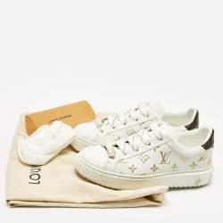 Pre Owned Louis Vuitton White/Brown Monogram Canvas and Leather Time Out Sneakers Size 38