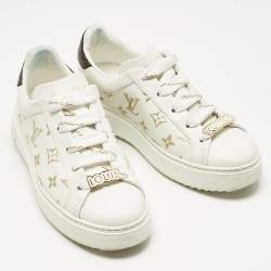 Pre Owned Louis Vuitton White/Brown Monogram Canvas and Leather Time Out Sneakers Size 38