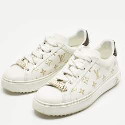 Pre Owned Louis Vuitton White/Brown Monogram Canvas and Leather Time Out Sneakers Size 38