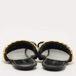 Pre Owned Louis Vuitton Black Suede Metal Chevron Flat Slides Size 39.5