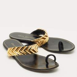 Pre Owned Louis Vuitton Black Suede Metal Chevron Flat Slides Size 39.5