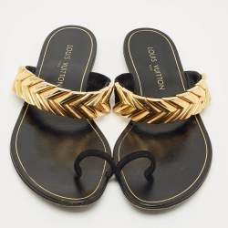 Pre Owned Louis Vuitton Black Suede Metal Chevron Flat Slides Size 39.5