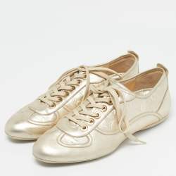 Pre Owned Louis Vuitton Gold Monogram Leather Trainers Lace Up Sneakers Size 38