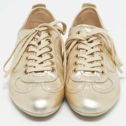 Pre Owned Louis Vuitton Gold Monogram Leather Trainers Lace Up Sneakers Size 38
