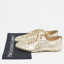 Pre Owned Louis Vuitton Gold Monogram Leather Trainers Lace Up Sneakers Size 38